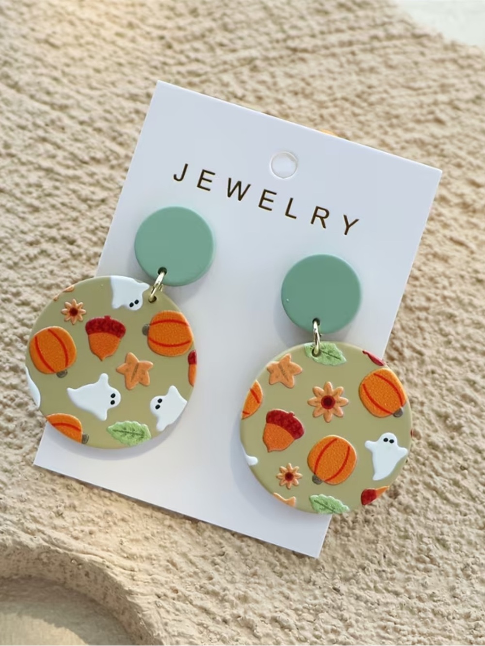 Festive Ghost & Pumpkin Dangle Earrings in Sage Green